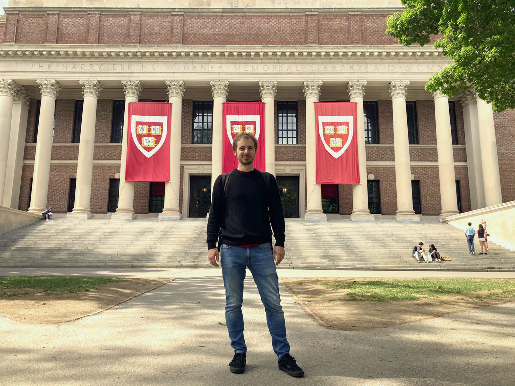 Stephen Parkes in front of Widener Library.