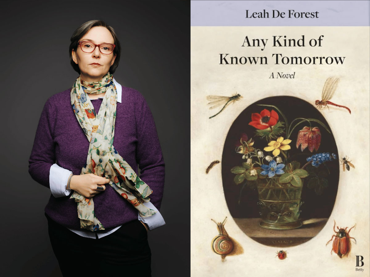 A photo of the author, Leah De Forest, next to an image of the cover of her book.